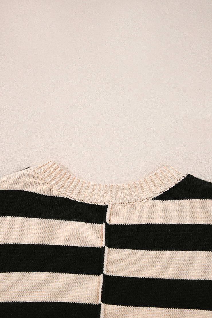 Black Stripe Two in One Knitted Top High Waist Splicing Hem Sweater Dress