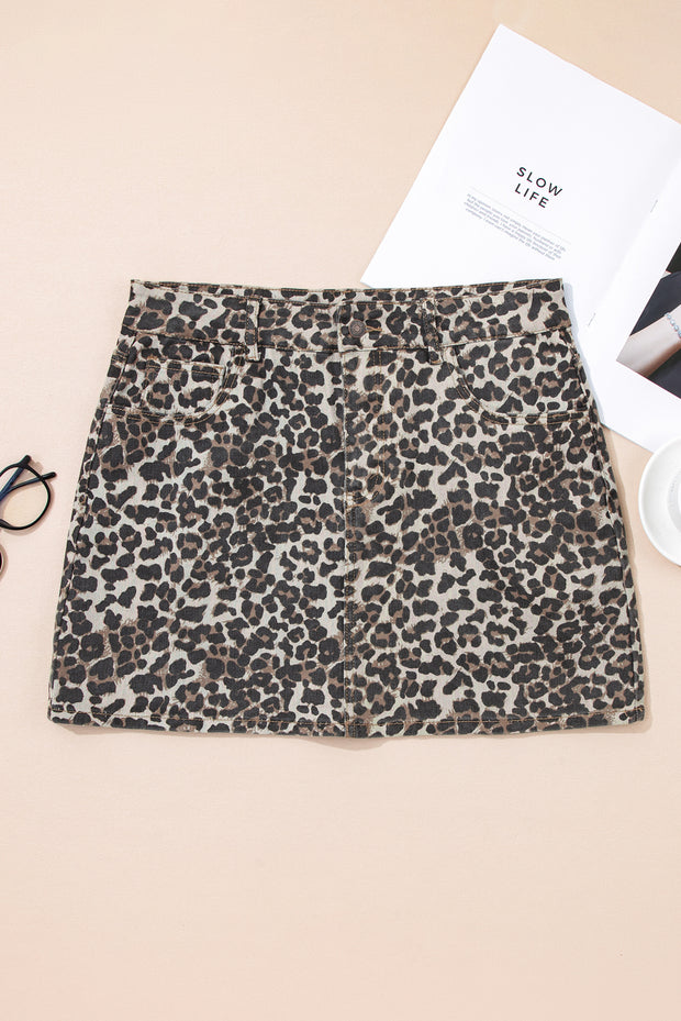 Khaki Leopard Denim Mini Skirt