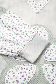 Green Floral Patched Waffle Textured Colorblock V Neck Casual Hooded Top