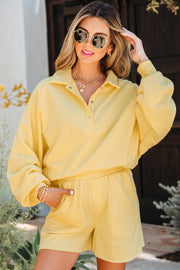 Yellow Cream Button Collar Drop Shoulder Pullover and Shorts 2pcs Outfit