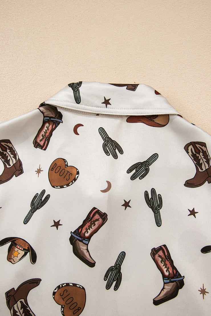 White Western Fashion Print Button Up Casual Shirt