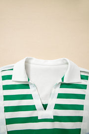 Green Stripe Colorblock Collared V Neck Cropped Knit Pullover