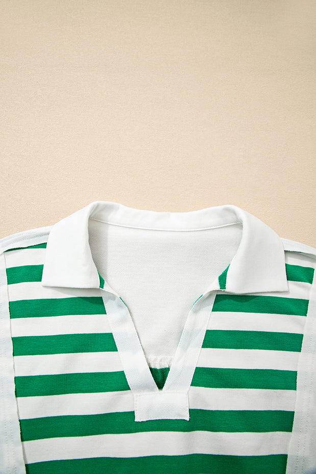 Green Stripe Colorblock Collared V Neck Cropped Knit Pullover