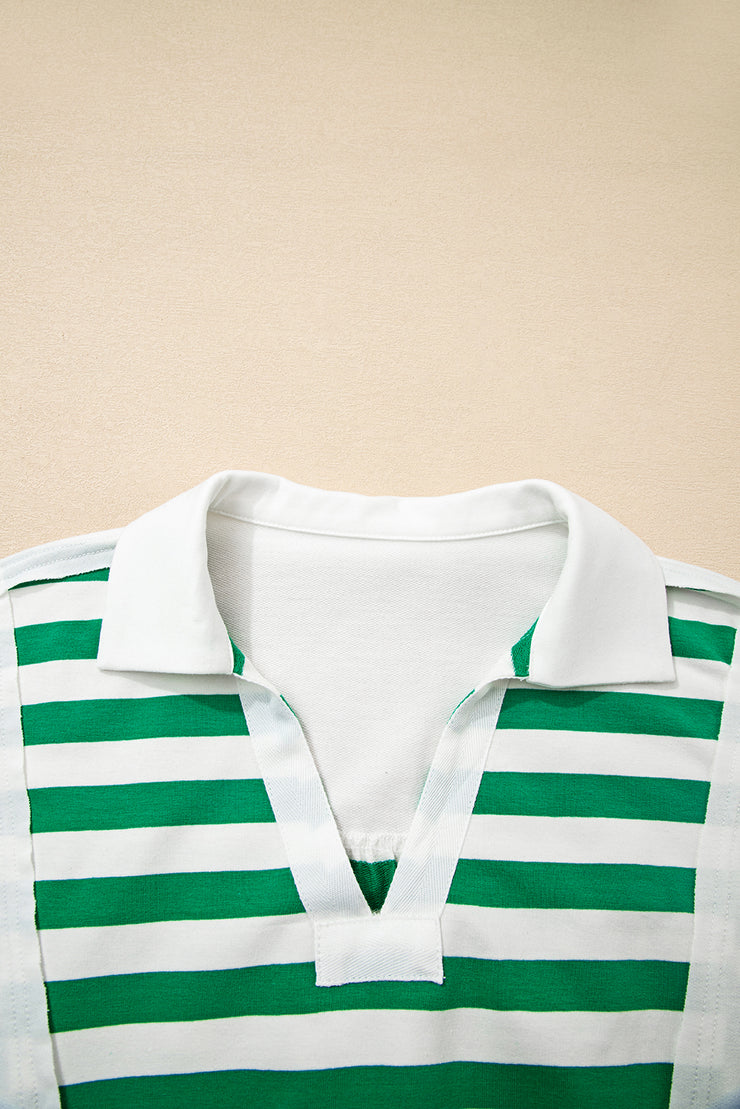 Green Stripe Colorblock Collared V Neck Cropped Knit Pullover