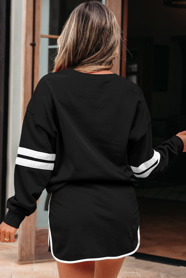 Black Varsity Stripe Detail Drop Shoulder Pullover Mini Skirt Set