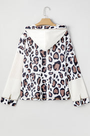 Apricot Oversized Leopard Contrast Mixed Texture Patchwork Zip Up Drop Shoulder Hoodie