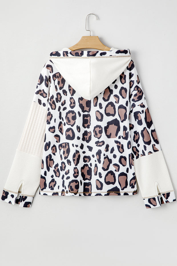 Apricot Oversized Leopard Contrast Mixed Texture Patchwork Zip Up Drop Shoulder Hoodie
