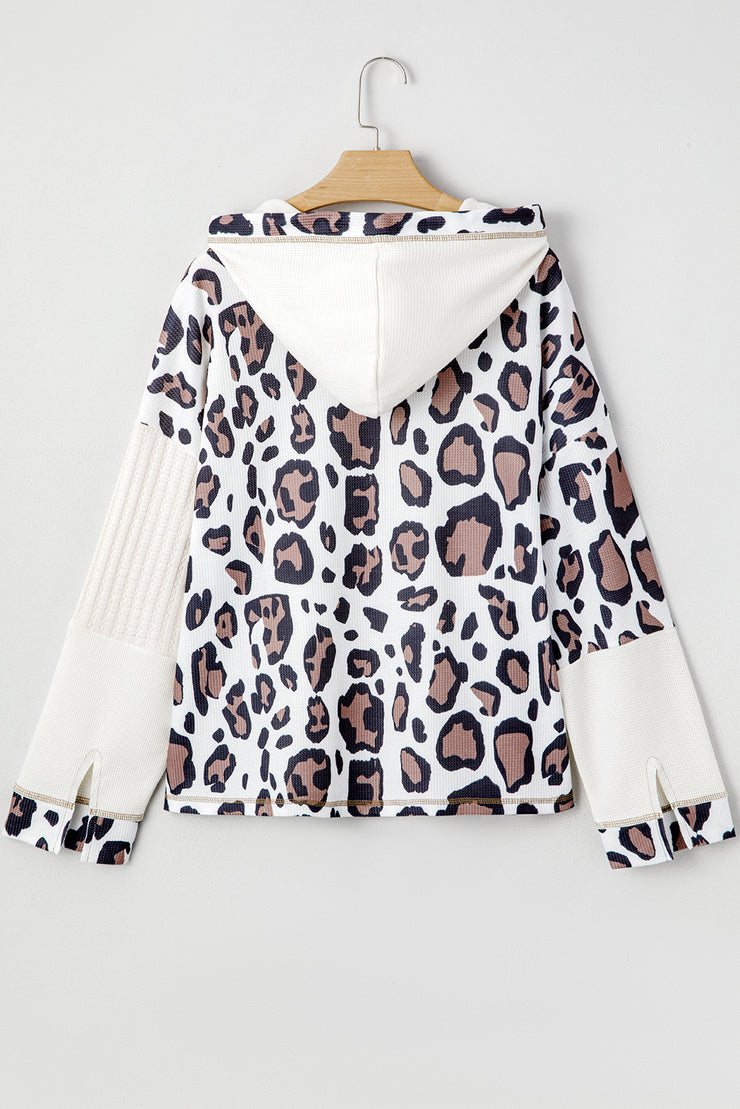 Apricot Oversized Leopard Contrast Mixed Texture Patchwork Zip Up Drop Shoulder Hoodie