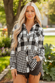 Black Double Plaid Patchwork Drawstring Hooded Shacket