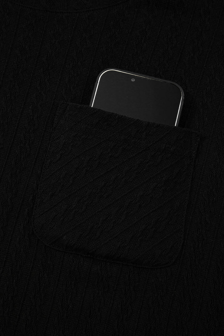 Black Textured Chest Pocket Long Sleeve Top 2Pcs Pants Set