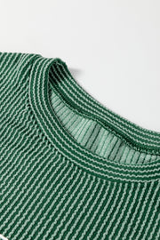 Blackish Green Twisted Rib Outlined Merry Letter Graphic Loose Long Sleeve Top