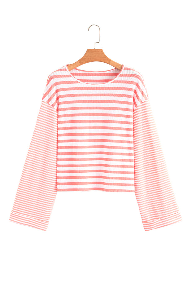 Pink Stripe Textured Contrast Dropped Long Sleeve Top