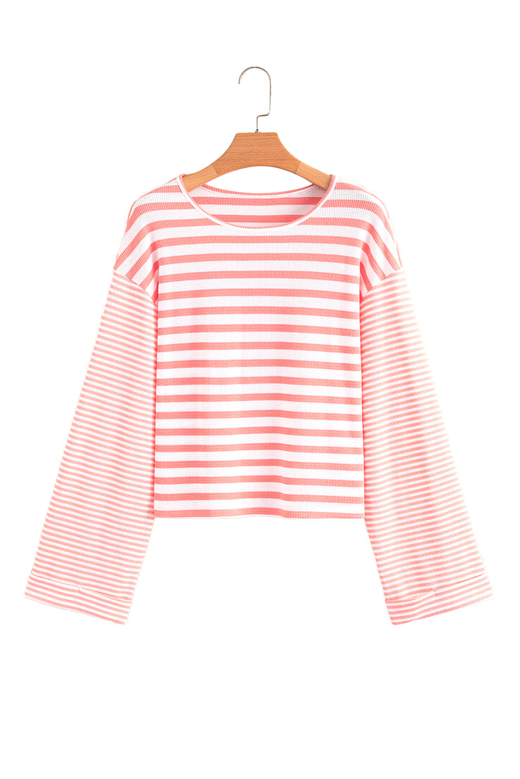 Pink Stripe Textured Contrast Dropped Long Sleeve Top
