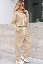 Jet Stream Lace Drawstring Pullover Hoodie and High Waist Pants Corduroy Suit