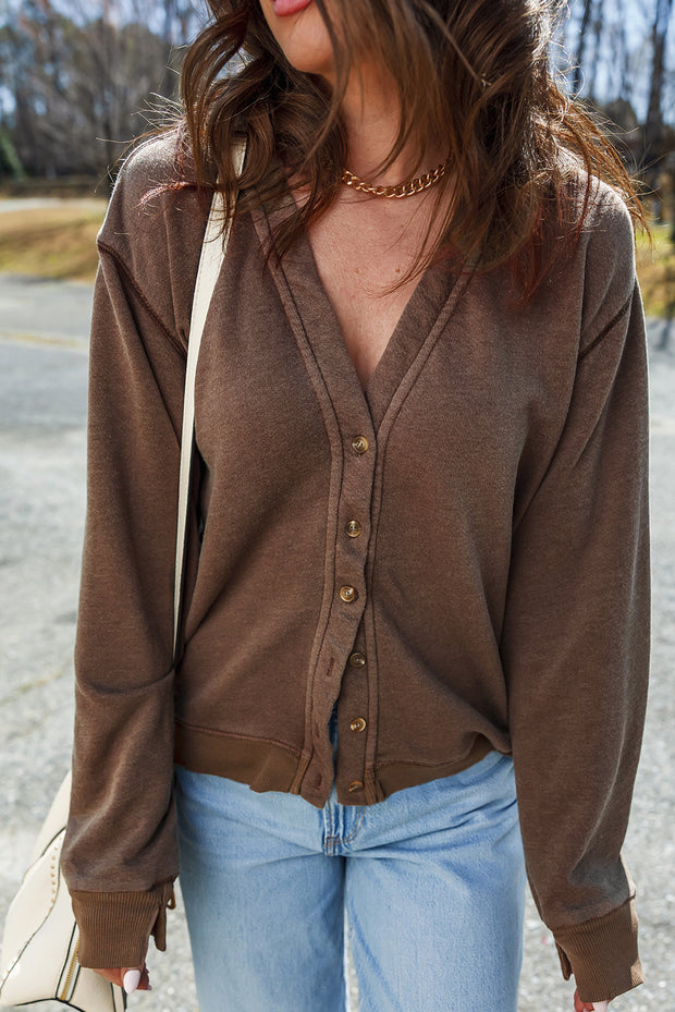 Coffee Button Front V Neck Casual Cardigan