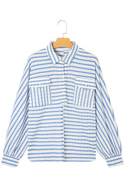 Sky Blue Stripe Half Button Collared Chest Pockets Loose Fit Blouse