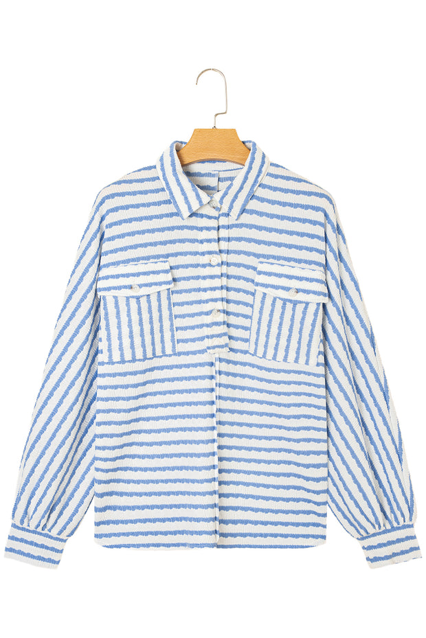 Sky Blue Stripe Half Button Collared Chest Pockets Loose Fit Blouse
