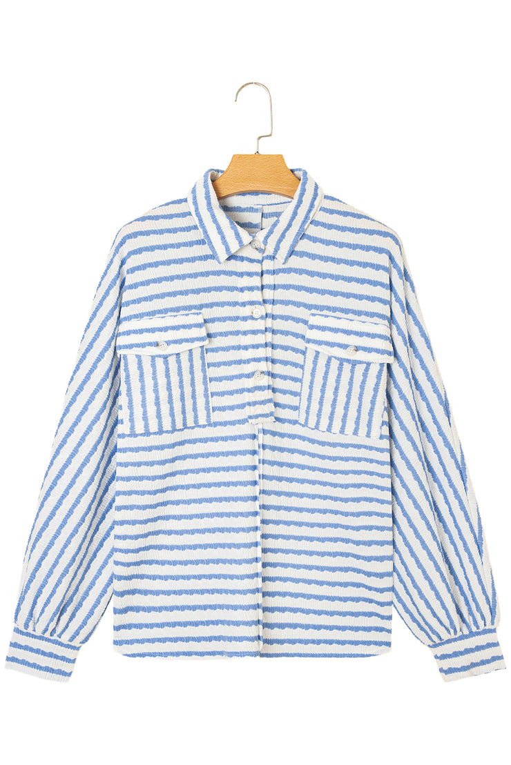 Sky Blue Stripe Half Button Collared Chest Pockets Loose Fit Blouse