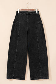 Dark Grey Pleated Wide Leg Mineral Wash Denim Pants