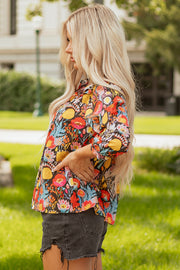 Black Floral 3/4 Puff Sleeve Tied Neck Blouse