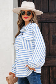 Sky Blue Stripe Half Button Collared Chest Pockets Loose Fit Blouse