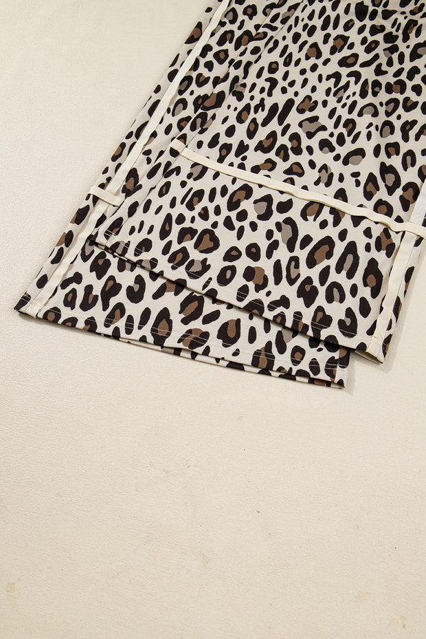 Khaki Leopard Wide Leg Cropped Pants