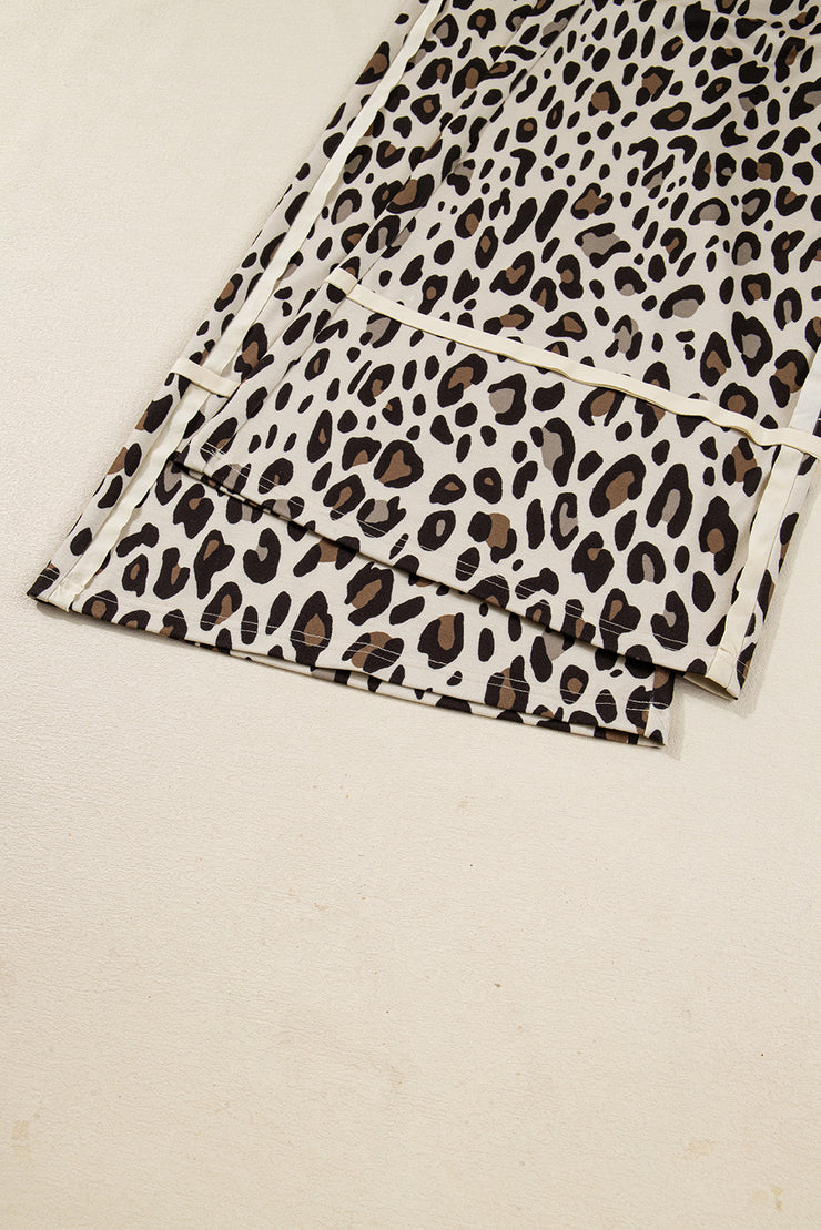 Khaki Leopard Wide Leg Cropped Pants