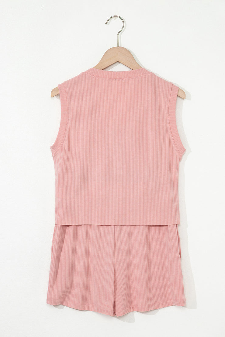 Gossamer Pink Ribbed Button V Neck Tank Top and Shorts Set