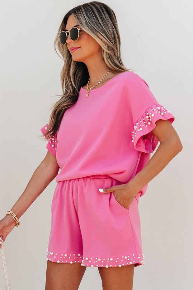 Bright Pink Textured Pearled Ruffle Sleeve Top 2 Piece Shorts Set