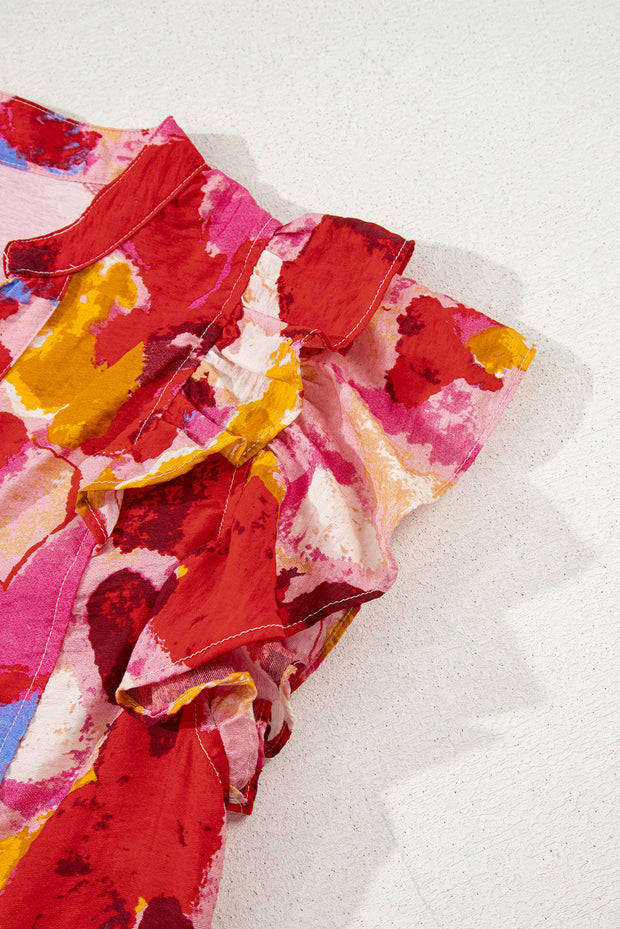 Red Abstract Print Split V Neck Ruffle Short Sleeve Blouse