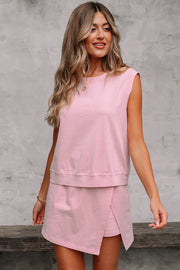 Light Pink 2 Pieces Mineral Wash Cotton Tank Top Lined Split Skirt Set