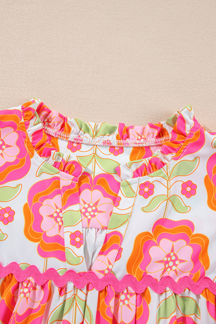 Rose Floral Ruffled Sleeve Ric-rac Trim Split Neck Loose Blouse