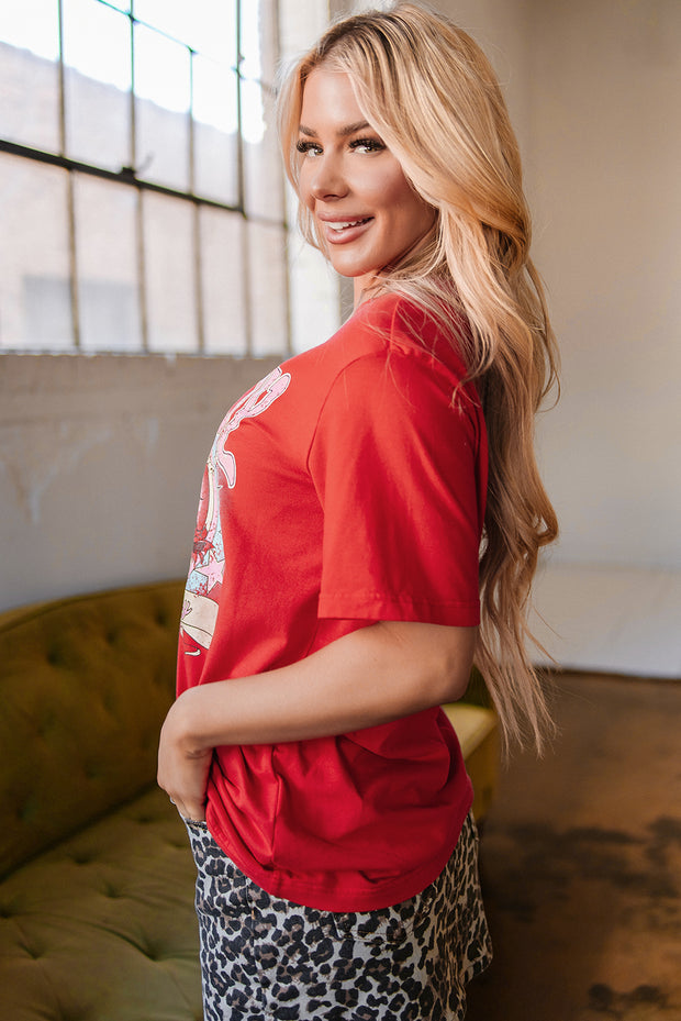 Camiseta holgada vaquera con gráfico "Llévame lejos" en color rojo tomate