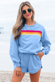Beau Blue Striped Accent Pullover and Shorts Two Piece Casual Set
