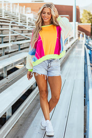 Grapefruit Orange Colorblock Patchwork Exposed Stitching Oversize Top