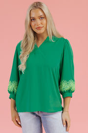Green Contrast Floral Embroidered 3/4 Sleeve Notched V Neck Elegant Blouse