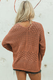 Redwood Burl Mix Pattern Hollowed Knit Open Front Cardigan