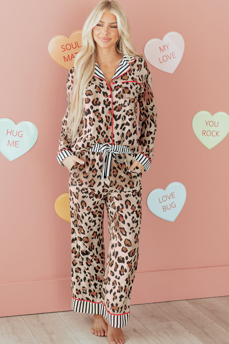 Khaki Leopard Print Colorblock Striped Edge Shirt and Pants Pajama Set