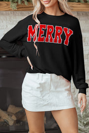 Black Twisted Rib Outlined Merry Letter Graphic Loose Long Sleeve Top