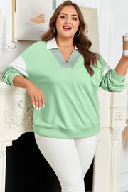 Moonlight Jade Color Block Striped Patchwork Collar V Neck Plus Size Sweatshirt