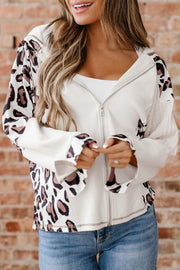 Apricot Oversized Leopard Contrast Mixed Texture Patchwork Zip Up Drop Shoulder Hoodie