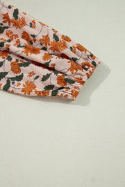 Beige Floral Deep V Neck Smocked Bust Bubble Sleeve Babydoll Dress