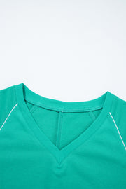 Dark Green Colorblock Trim V Neck Pullover Top and Shorts Set