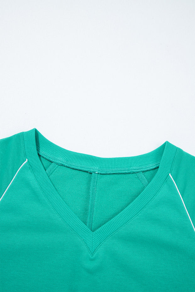 Dark Green Colorblock Trim V Neck Pullover Top and Shorts Set
