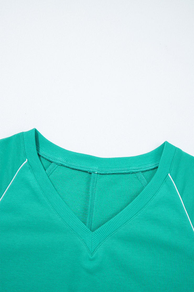 Dark Green Colorblock Trim V Neck Pullover Top and Shorts Set
