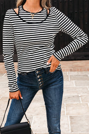 Black Stripe Double-layer Cold Shoulder Long Sleeve Top