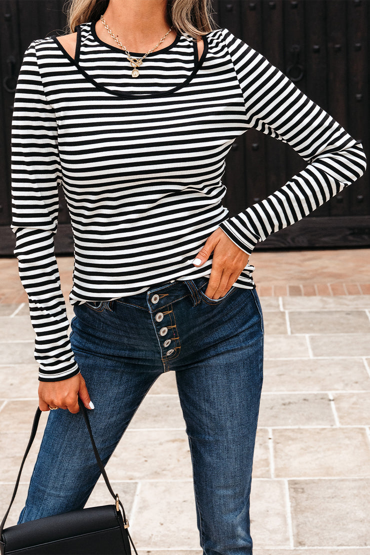 Black Stripe Double-layer Cold Shoulder Long Sleeve Top
