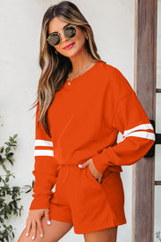 Orange Varsity Striped Sleeve Drop Shoulder Sweatshirt and Short Set