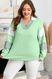 Moonlight Jade Color Block Striped Patchwork Collar V Neck Plus Size Sweatshirt