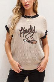 Light French Beige Howdy Cowboy Hat Embroidered Short Sleeve Sweater